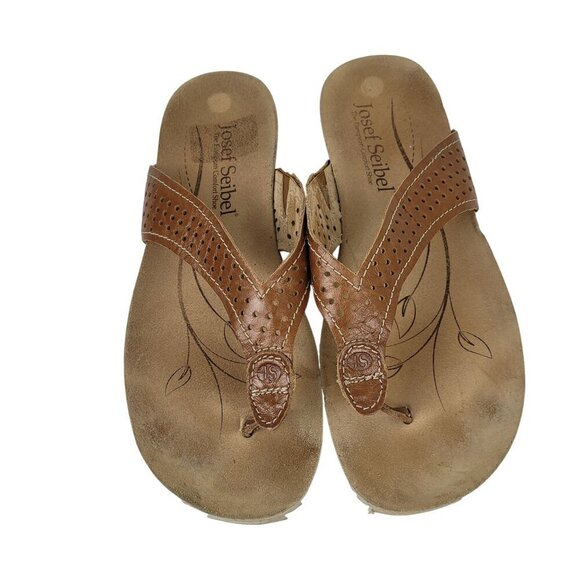 Josef Seibel Sandals Angie Wedge Thong Brown Perforated Leather Size 6 - Picture 3 of 9